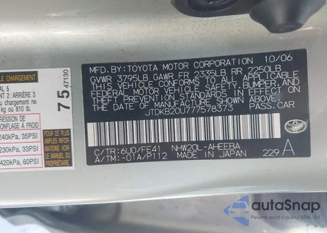 2007 Toyota Prius z USA, uszkodzony, nr VIN JTDKB20U777578373